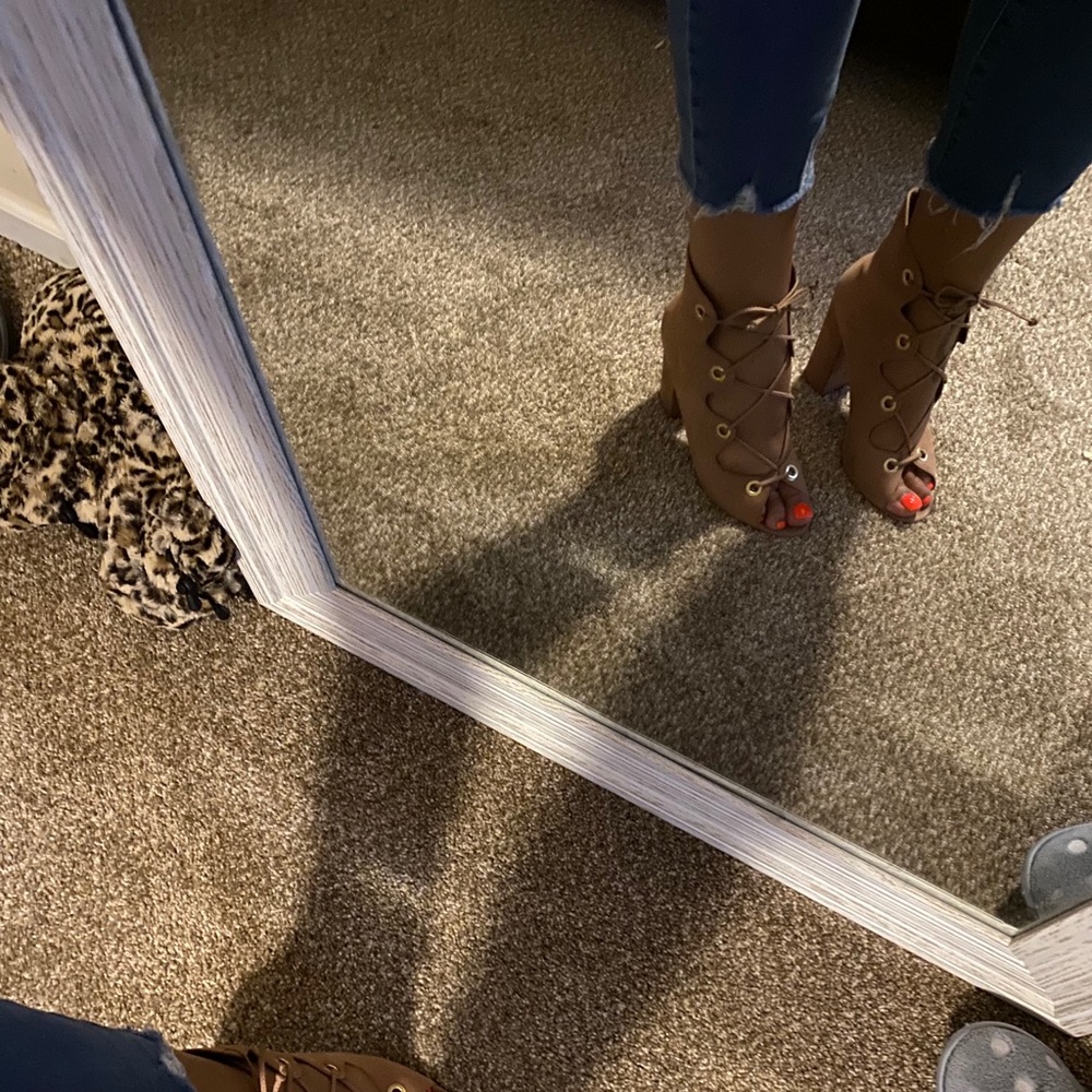 Tan Steve Madden lace up peep toe bootie